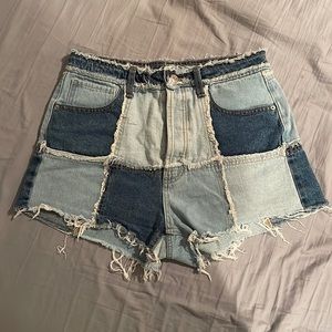Size 6, Dark and Light Blue patched High-waisted Jean shorts from Wild Fable.